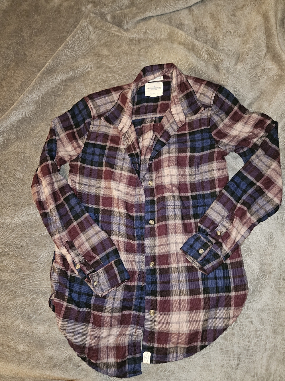 American Eagle Outfitters Men's Plaid Button-Down in Burgundy, Navy and Lavender